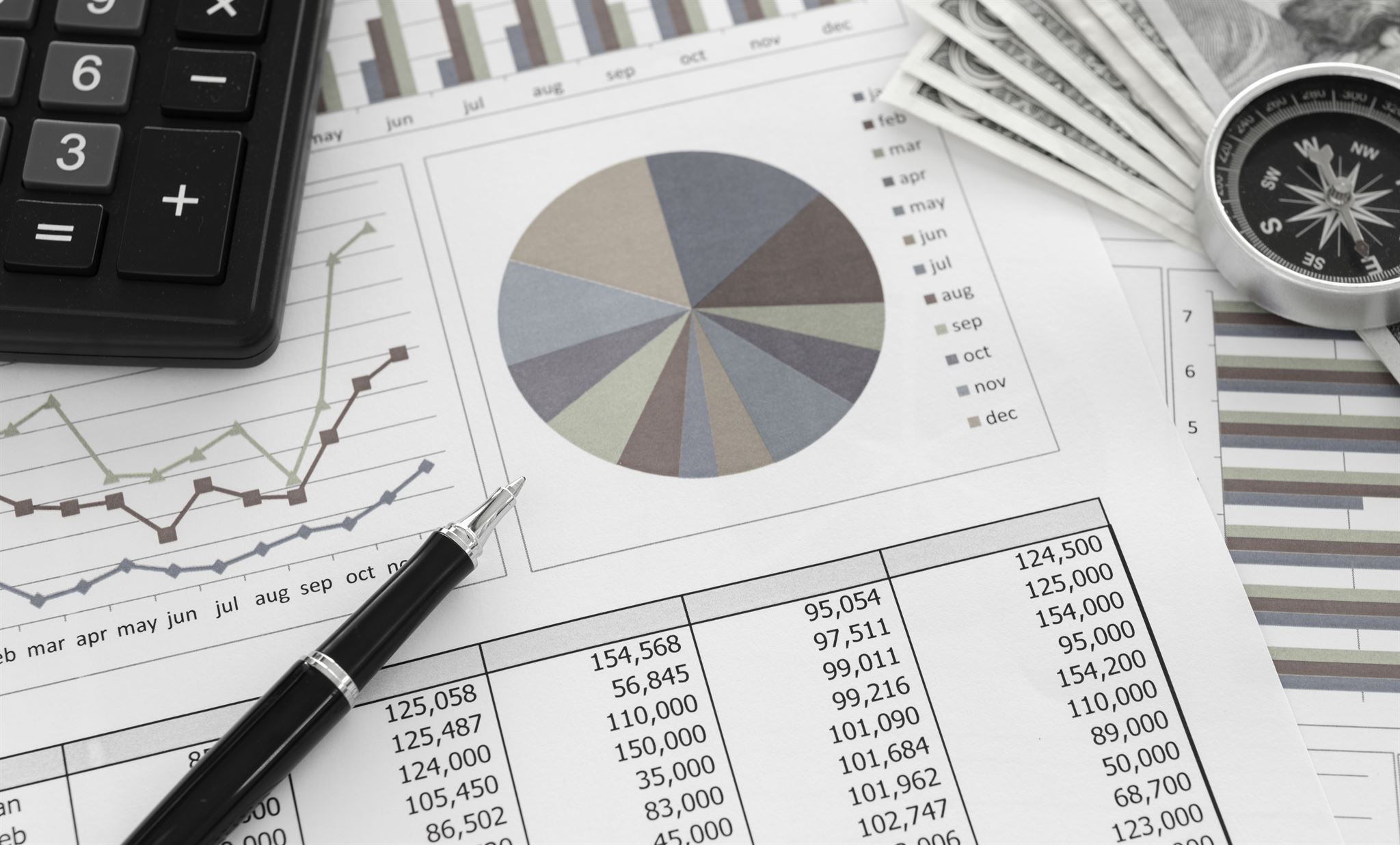 Calculator,-pen,-compass,-money-and-a-paper-with-graphs-printed-on-it